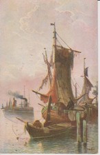Künstler-AK Altes Segelboot mit Dampfer, gel. ca. 1910