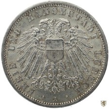 LÜBECK, 3 Mark, 1912 A, Stadtwappen, Jg. 82, sehr schön