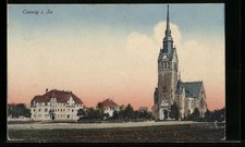 Ansichtskarte Coswig i. Sa., Kirche und Cafè Saupe 1928 