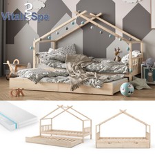 Kinderbett Hausbett Gästebett Lattenrost  90x200 Matratze Design Natur VitaliSpa