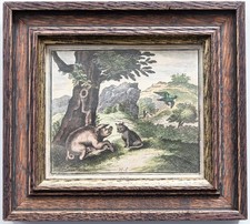 Miniatur Kupferstich Fabel de la Fontaine Schwein Cause koloriert Rahmen 1728