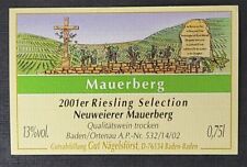 Weinetikett  2001 Riesling Selection Neuweierer Mauerberg Gut Nägelsförst Baden 