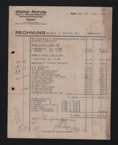 Egeln rechnung 1938 walter - rechnung, 1938,