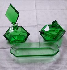 EDEL Art Déco antik 3Teile Kristallglas Frisiertisch  Garnitur Dose Flacon grün