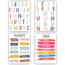 Kinderposter 4er Set ABC, Zahlen, Monate & Tage Lernposter Alphabet | Kinderzimm