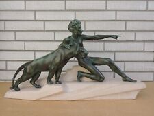 MAX LE VERRIER  ART DECO SKULPTUR FIGUR JUNGE MIT PANTHER  METALL STEIN  30er
