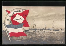 AK Dampfer SS Freia der St. D.-G. JFB, Fahnen, halber Rettungsring 1917 
