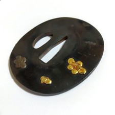Rot Kupfer Tsuba Pflaumenblüten Muster Poliert Geschliffen Gold Inlay Antik