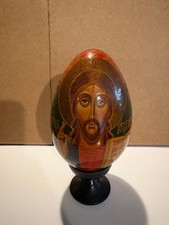 Russisch orthodoxe Ikone – handbemaltes Holz-Ei mit Christusmotiv – Holzsockel
