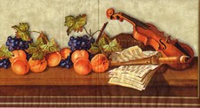 3 Servietten ~ Geige, Noten, Pfirsiche, Trauben, Stillleben (1/2) ~ 33x33  rar