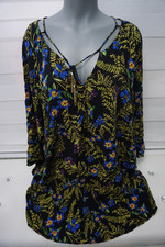 Damen Bluse Oberteil Tunika Gr. Einheitsgröße ,Schwarz Blau Gelb  ,Blumen, 