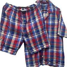 Polo Ralph Lauren Schlafanzug Set Blau Rot Kariert Hemd Shorts Knopfleiste Gr. XL Neu