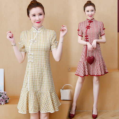 Damen cheongsam midi kleid - cheongsam,