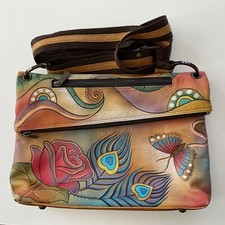 Anuschka  Damen Handtasche Leder Blumendekor Rosen-Pfau-Motiv handbemalt