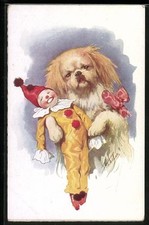 Pekinese mit Harlekinpuppe, Portrait, Ansichtskarte 
