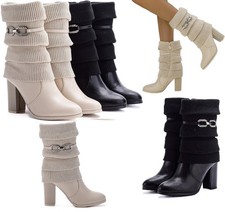 Damen Stiefeletten Strick Stiefel High Heels Absatz Schnalle Stulpe ST570 Neu