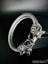 Wolf Tier Doppel Kopf Armreif Seil Edelstahl Armband Wikinger Schmuck Biker A109