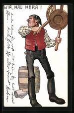 Künstler-AK Braumeister mit Hocker bereit sich zu wehren 