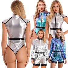 DE Damen Shiny Astronaut Cosplay Halloween Karneval Kostüm Front Zipper Overalls