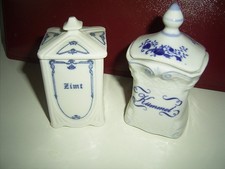 2x Gewürzdosen aus Keramik? m. Deckel-Kümmel+Zimt-unterschiedlich-blau-weiß-