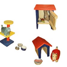Selecta - Holzspielzeug - 3 Sets - Katze auf Kratzbaum, Hund mit Hütte und Hase