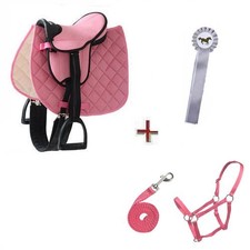 Holzpferd Sattel mit Halfter Set und Siegerschleife für Holzpferd bis 145cm Rosa