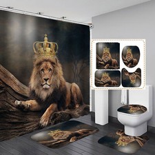 Löwen König Krone Tiere Druck Badezimmer Duschvorhang Badematte Teppich Set Neu