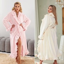 Flauschiger Bademantel Damen Fleece Morgenmantel mit Gürtel und Rüschen