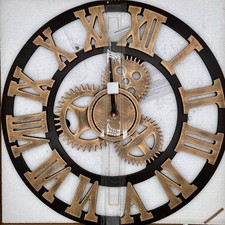 Lafocuse Holz Wanduhr Industrial Gold Lautlos Vintage Groß 60 cm XXL Zahnrad NEU