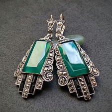 Art Deco Ohrringe Silber Gold grüner Achat Onyx Markasit alt antik c. 1920