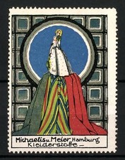 Reklamemarke Kleiderstoffe von Michaelis und Meier, Hamburg, Frau steht auf ver 