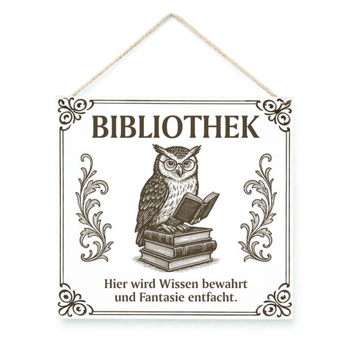 Bibliothek holzschild mit eule - bibliothek,