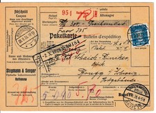 Rathenow 1928 Paketkarte nach Brugg Schweiz Stegmann Lochung