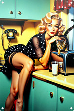Alu Blechschild Pin-up Vintage Retro Küche Katze 50er Glamour Kunst Wandbild Art