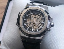 Luxus Automatik Skelettuhr von Longlux 40mm Silber Schwarz Glasboden