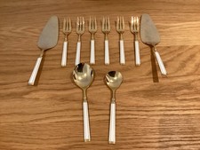 Gallo Cloisonne Gold Weiss 6 Kuchengabeln 2 Tortenheber Sahnelöffel Zuckerlöffel