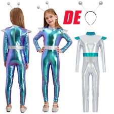 DE Mädchen Alien Kostüm Space Astronauten Kostüm mit Haarreif Metallic Jumpsuit 