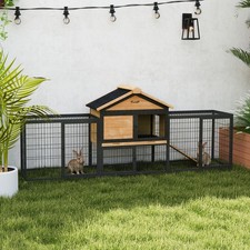 PawHut Kaninchenstall, Meerschweinchenstall Outdoor mit Stahlauslauf, Tablett, Rampe