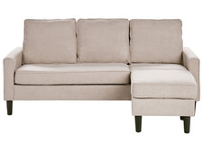 3-Sitzer Sofa Stoffbezug Beige mit Ottomane Armlehnen schwarze Beine Avesta