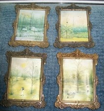 4 Bilder Vier Jahreszeiten Seidenbilder in einen Messing Rahmen ca. 70er Jahre