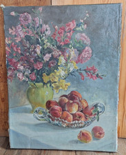 altes Ölbild Stillleben Ölgemälde 60cm x 46cm  Blumen Obstschale Pfirsiche antik