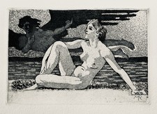 MAX KLINGER 1911 ALLEGORIE MIT GENIUS WEIBLICHER AKT SITZEND AQUATINTA-RADIERUNG