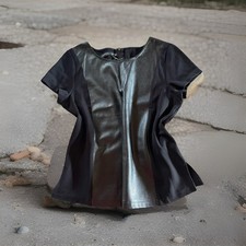 Echt Leder Top mit Stoff Einsätzen in der Größe M, halblanger Arm, schwarz