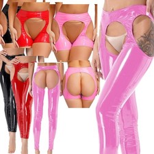 DE Damen Hose Wetlook Lackleder Hose Taille Lederhose Hollow Out Pants Clubwear