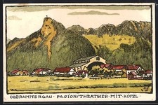 Steindruck-AK Oberammergau, Passionstheater mit Kofel 