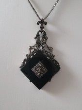 Art-Deco 925er Anhänger großer Onyx Markasiten+835er Silber Kette Antikschmuck