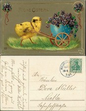 Ansichtskarte  Kücken zieht Osterei mit Veilchen Goldpräge AK 1911 Goldrand