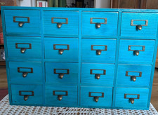 Apothekerschrank mit 16 kleinen Schubfächern Echtholz NEU petrolfarben