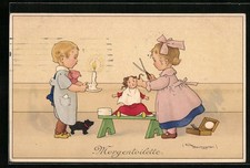 Künstler-AK Fritz Baumgarten: Morgentoilette, Mädchen schneidet Puppe die Haare 