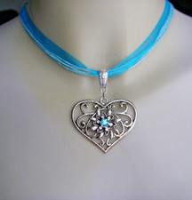 Oktoberfest Kette Blau Herz Edelweiß Strass Wasen Dirndlkette Organza Trachten